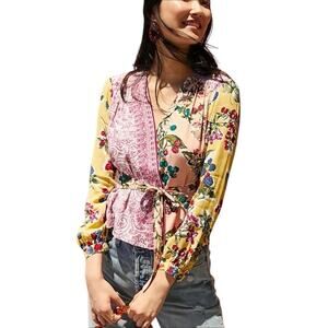 Anthropologie Meadow Rue Floral Patchwork Wrap Blouse Top Size 8